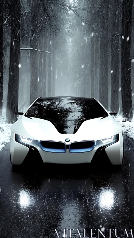 Snow-drenched forest runway meets electric predator coupe.