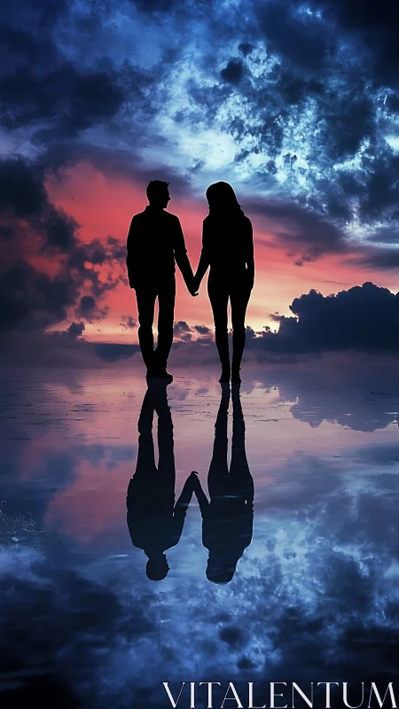 Silhouetted Couple Reflected in Mirrored Sunset Sky.