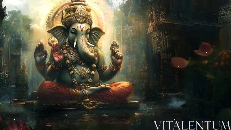 Digital depiction of seated elephant-headed deity in temple setting