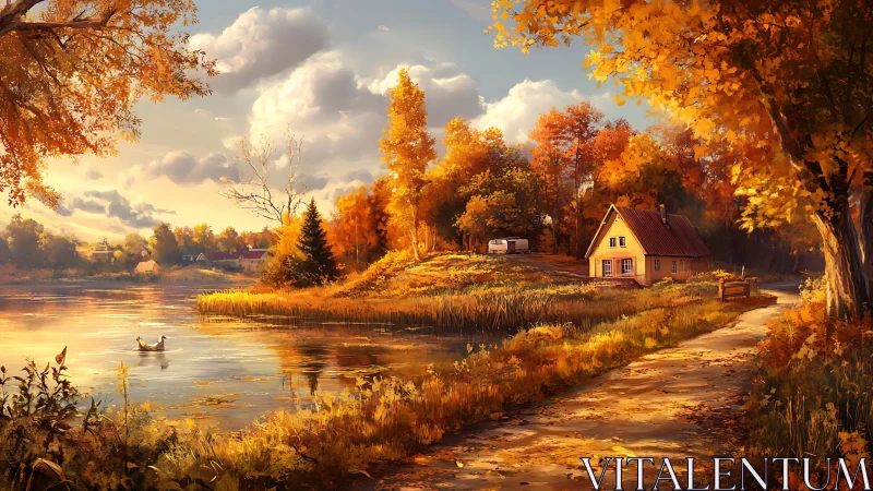 Golden lakeside cottage wrapped in soft autumn light.