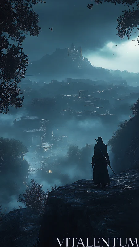 Lone cloaked wanderer overlooking misty fortified valley.
