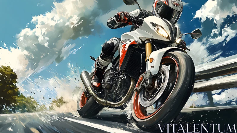Sunlit highway sprint with a bold white sport motorcycle.