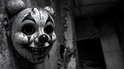Decayed clown bear mask hangs in dark abandoned hallway