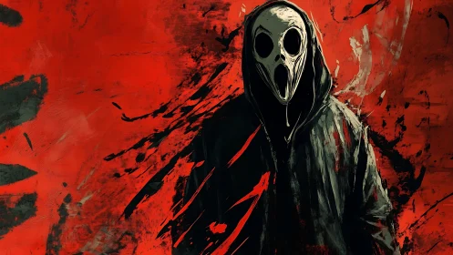 Hooded echo of terror ripples through a blood-red canvas