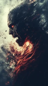 Inferno wreathed titan screaming through shattering embers.