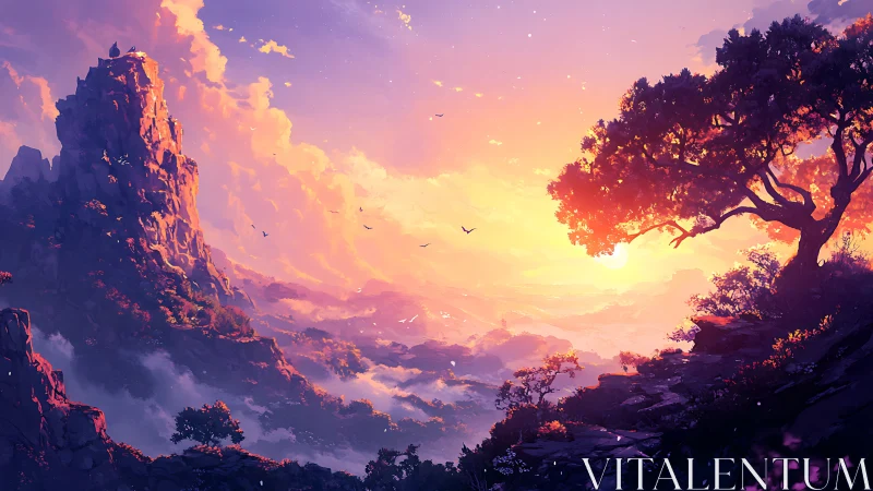 Vibrant mountain valley sunset with glowing clouds and tree