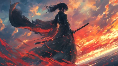 Lone swordswoman stands against a blazing, storm-torn sky