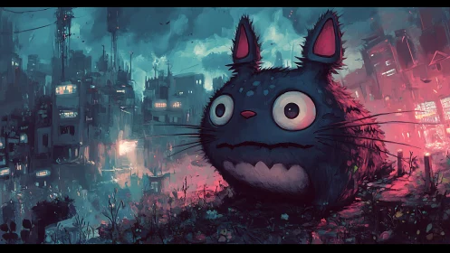 Neon urban creature watches rain-soaked cyberpunk cityscape.