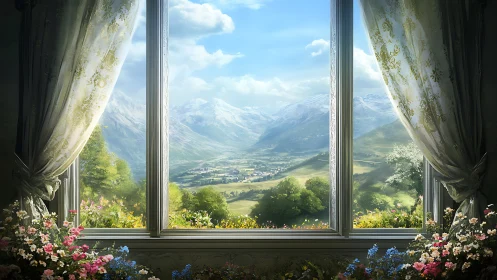 Interior window framing distant mountain valley landscape.