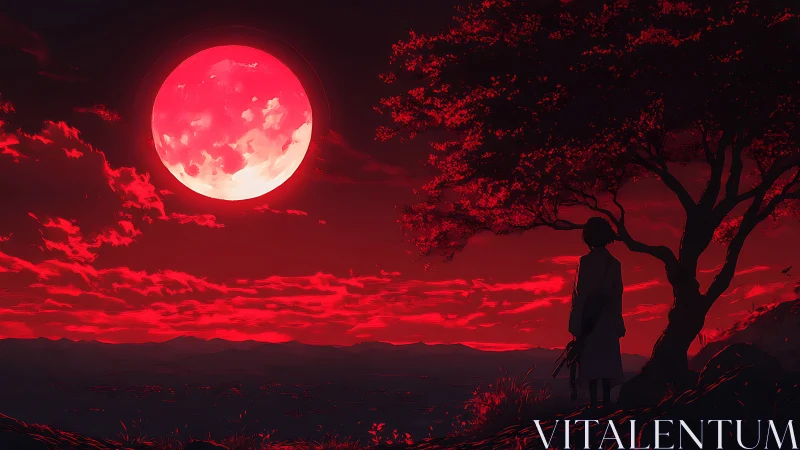 Solitary figure gazes at a vast crimson moonlit horizon