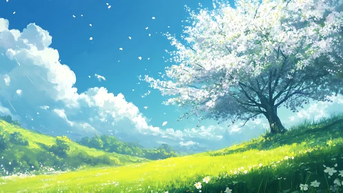 High-saturation digital landscape depicts flowering tree on sloped meadow