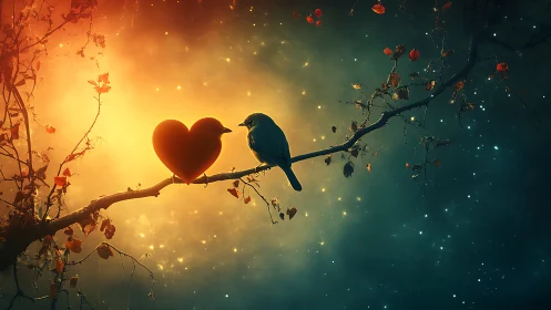 Bird and Heart on Branch Against Luminous Gradient Sky.