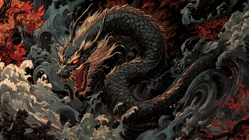 Storm-tossed oriental dragon coils through crimson foliage