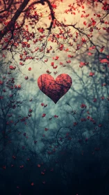 Red Heart Shape Surrounded by Flowering Branches in Warm Tonal Aesthetic