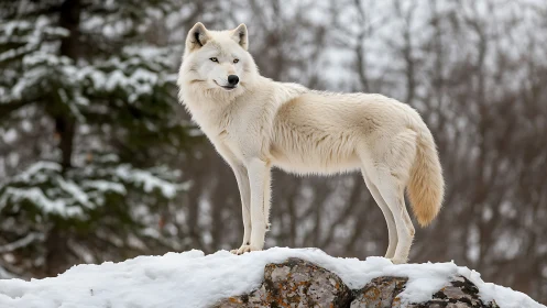 Snowcrest sentinel wolf poised above the winter hush.