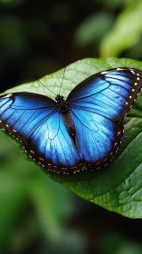 Iridescent blue Morpho butterfly rests on leaf in sharp focus
