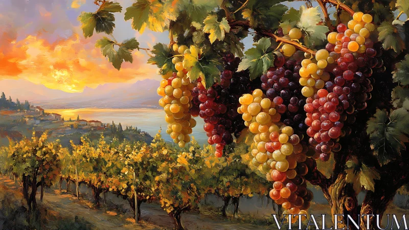 Grape clusters over vineyard landscape at sunset panorama.