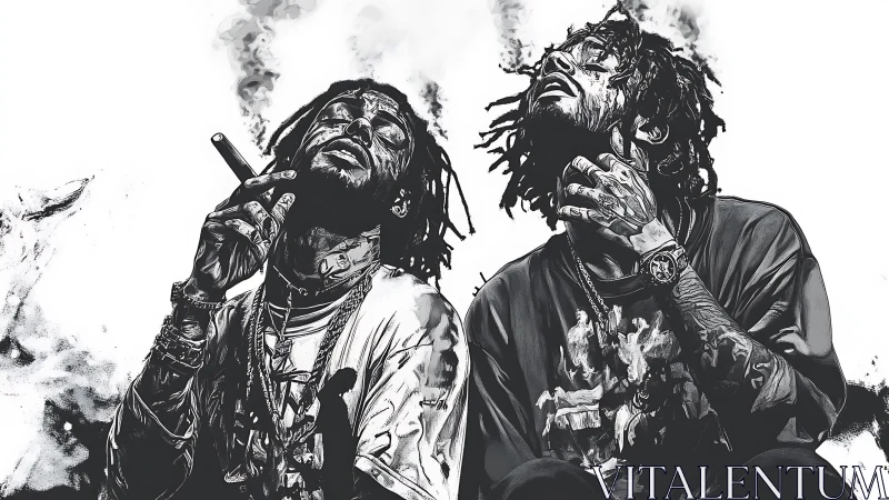 Monochrome hip hop duo exhaling smoke in gritty style.