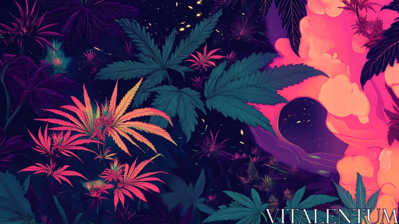 Neon cannabis leaves frame glowing abstract cosmic portal