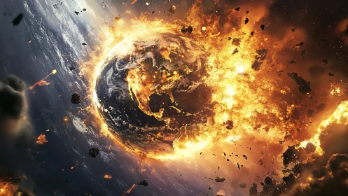 Earth shatters in a cosmic inferno of molten twilight fire.