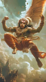 Skyborne monkey deity storms the clouds in molten gold