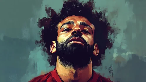Digital portrait of bearded male footballer in red shirt.