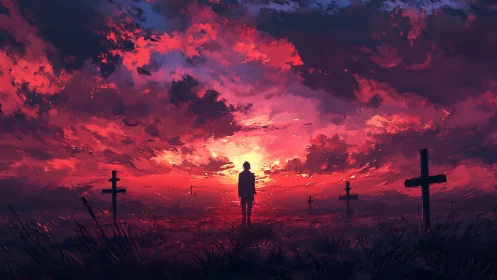 Solitary mourner beneath a burning crimson battlefield sky.