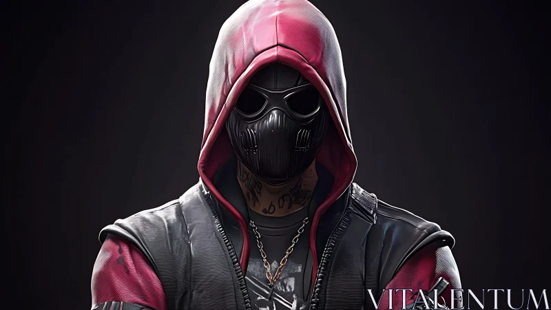 Hooded cyber renegade in crimson mask stares back.