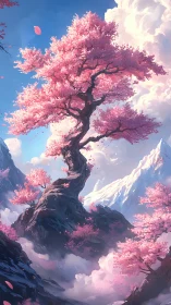 Sky-drifting sakura twists upward through cloud-kissed peaks