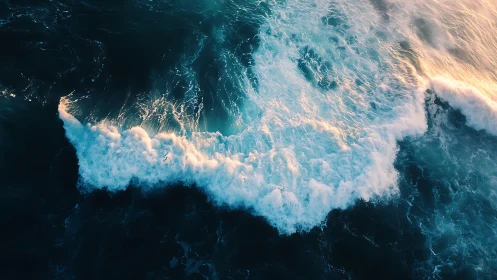 Aerial view of ocean waves with deep blue and white foam