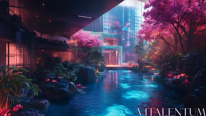 Neon-lit indoor river merges cyber city with cherry garden