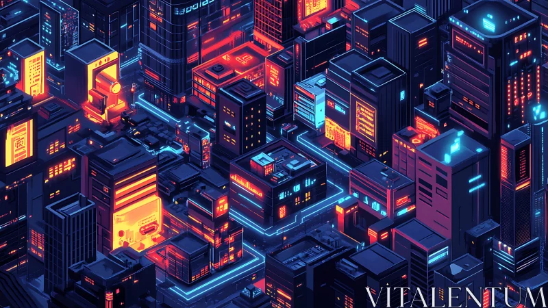 Isometric cyberpunk cityscape with neon-lit grid streets at night