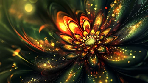 Glowing abstract flower with radiant green and gold petals.