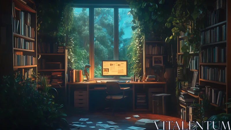 Computer workstation sits in lush, plant filled home library