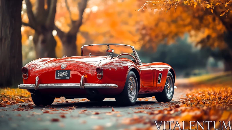 Red classic convertible is parked on a leaf-covered roadway