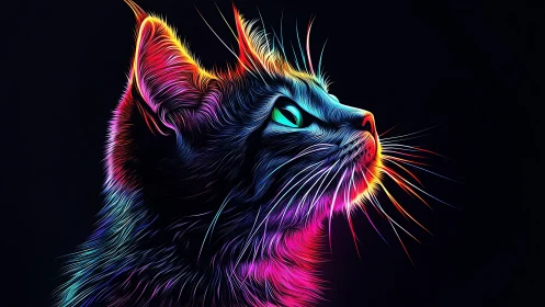 Neon feline profile with iridescent linework on black field.
