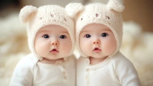 Twin Baby Dolls Strike Adorable Poses in Matching Cream Knitwear
