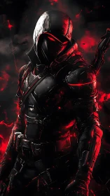 Helmed shadow ranger rising through scarlet battlefield blaze.