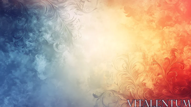 Abstract blue to orange gradient with floral swirl pattern.