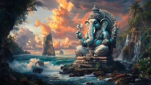 Elephant-headed stone deity seated by turbulent coastal waters.