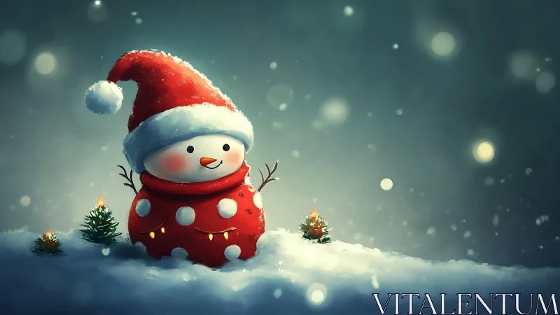 Snowy sweater snowman glows beside tiny Christmas trees.