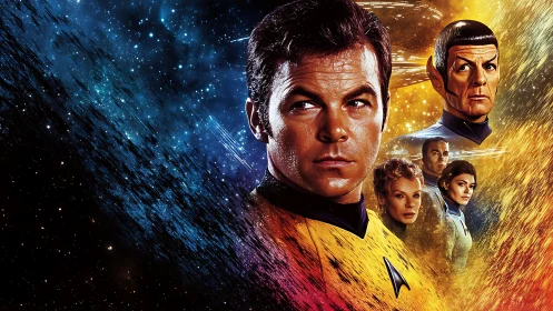 Starship crew stands defiant against swirling cosmic energies