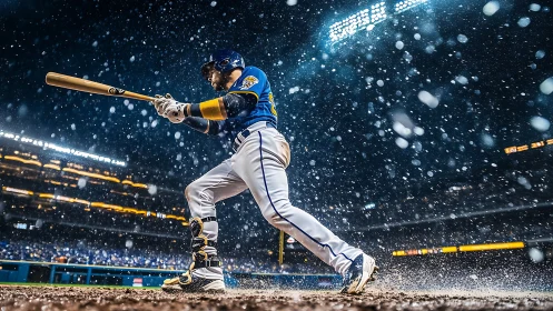 Baseball slugger swings under bright stadium lights in snow.