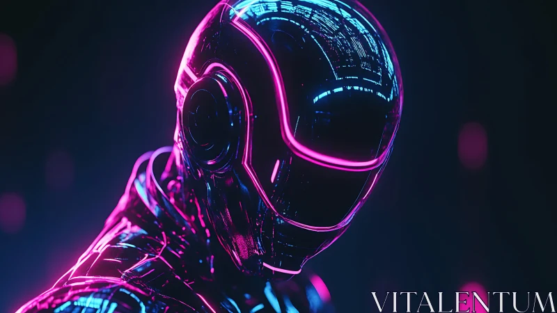 Neon-lit cybernetic helmet reflects futuristic city lights