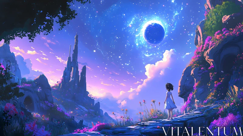 Girl observes luminous eclipse over neon-lit fantasy cliffs