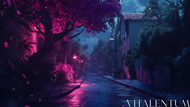 Tree-lined wet street is illuminated by magenta and blue lights
