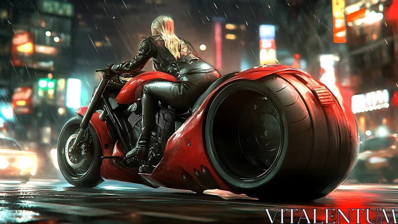 Cyberpunk rain-soaked street rider on red monowheel superbike.