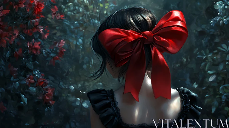 Girl with red bow in moody backlit forest environment.