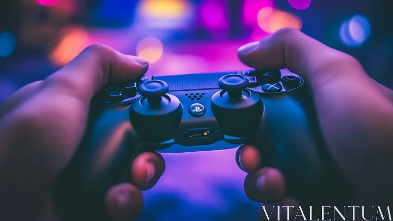 DualShock controller in neon bokeh-lit immersive gaming scene.