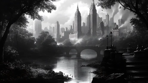 Noir city skyline rises beyond misted riverside park